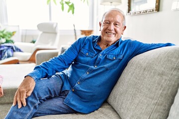 Fototapeta premium Senior man with grey hair sitting on the sofa at the living room of his house. Mature man smiling happy at home.