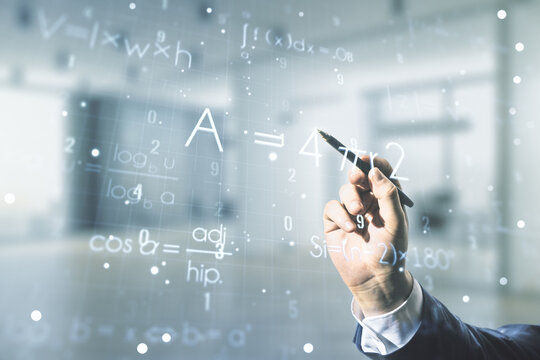 Man hand with pen working with scientific formula illustration on blurred office background, science and research concept. Multiexposure
