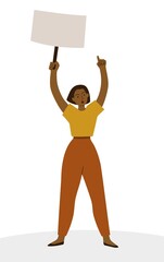 A young black female activist holding a banner, pointing her finger, and defending rights and protesting. Girl participating in a meeting, march, strike or picket. Flat style illustration.