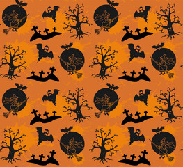 Vector seamless pattern graveyard at night sinister Halloween, witch on broomstick, bats, ghosts, tombstones and crosses - obrazy, fototapety, plakaty