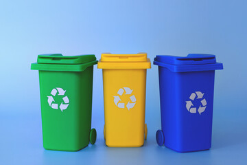 Recycling Garbage Bins. Waste Sorting Concept. Flat lay. Collection of colorful separation recycle bins. Container for sorting waste. Waste types segregation recycling