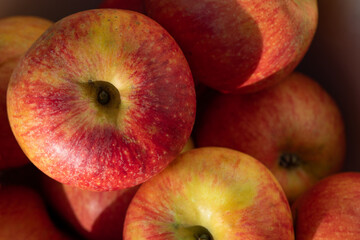 Close-up and background of red fresh apples lying on top of each other.