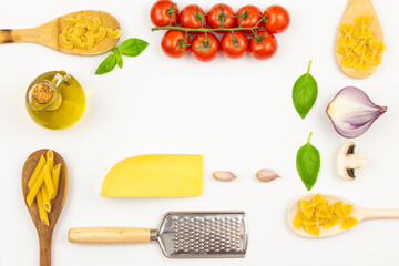 Ingredients for making pasta. Food background with place for text, with different kinds of pasta.