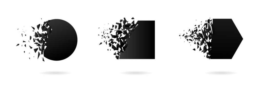Black hexahedron, circle with explosion effect on white background with debris.