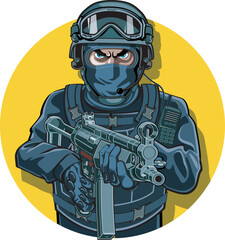 vector illustration of swat officer aiming machine pistol - obrazy, fototapety, plakaty