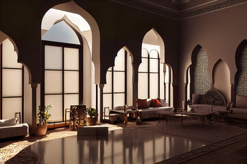 interior of a mosque, middle eastern, morocco building interior background, 3d render, 3d illustration, digital illustration, digital painting, cg artwork, realistic illustration
