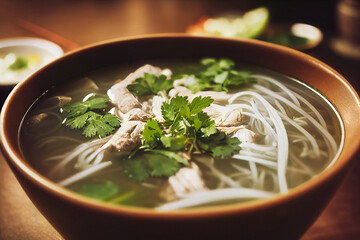 vietnamese pho soup, thai noodle soup with chop sticks, 3d render, 3d illustration, digital illustration, digital painting, cg artwork, realistic illustration