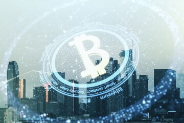 Virtual Bitcoin sketch on Los Angeles cityscape background. Double exposure