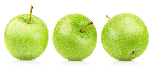 three whole green apples on a white isolated background