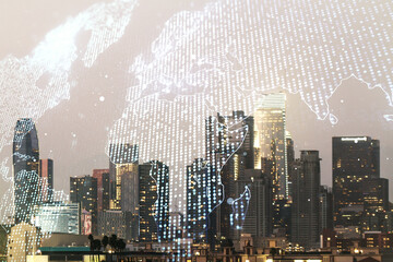 Double exposure of abstract digital world map hologram on Los Angeles office buildings background, big data and blockchain concept