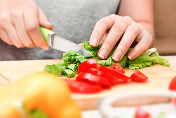 a woman cuts lettuce and tomatoes with a knife. Cooking