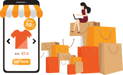 Online Shopping Concept with Characters. Mobile E-commerce Store with Flat People Buying Products with Smartphone and Tablet.