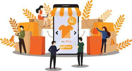 Online Shopping Concept with Characters. Mobile E-commerce Store with Flat People Buying Products with Smartphone and Tablet.