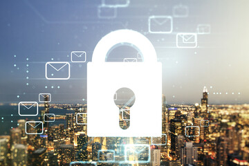 Abstract virtual lock illustration with postal envelopes on Chicago cityscape background, cyber security and email protection concept. Multiexposure