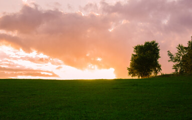 Beautiful sunset on a green field. Natural background.