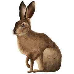 Cute hare realistic drawing illustration isolated on transparent background. Sitting bunny © TaninoPic