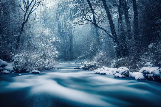 river go through the winter forest in the fog, digital illustration, digital painting, cg artwork, realistic illustration