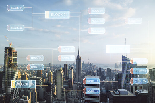 Abstract virtual coding concept on New York city skyline background. Multiexposure