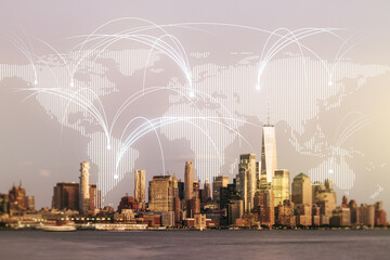 Double exposure of abstract digital world map hologram with connections on New York city skyscrapers background, research and strategy concept