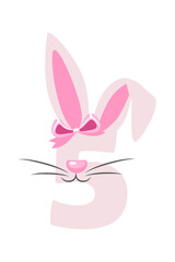 Funny bunny number 5 for kids. Five digit in the form of a rabbit. Learn to count