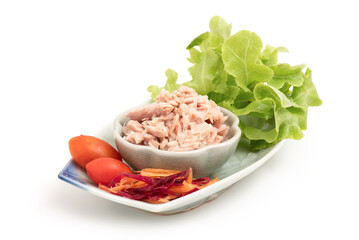Tuna in spring water isolated on white background.