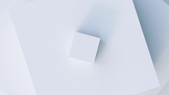 Abstract 3d render white geometric background with rotating cubes