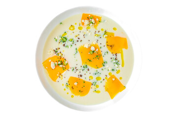 Fragrant first course with cheese and broccoli. Vegetarian dietary cream soup based on baked and fresh vegetables with herbs. Fitness menu. Delivery of prepared food. White background