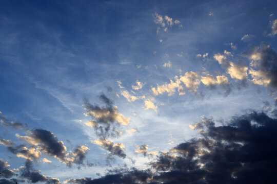 Cloudy sky background. Blue sky, sun and clouds. Copy space.