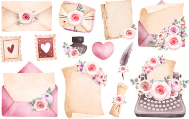 Watercolor Illustration set of vintage love letter
