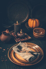Restaurant autumn table setting. Thanksgiving holiday Place setting autumn decoration.