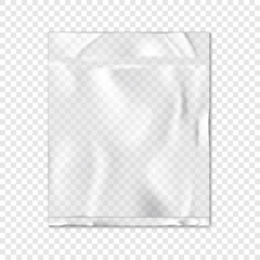 Vacuum sealed clear vinyl pouch on transparent background vector mock-up. Blank empty square flat plastic bag package mockup - 530028571