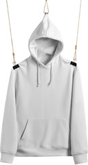 White hoodie mockup with pocket, png hanging on a rope isolated.
