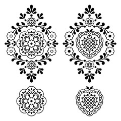 Floral folk art outline vector motif set with flowers, leaves and heart, retro decorations inspired by lace and embroidery patterns, elegant design elements for greeting card in black and white