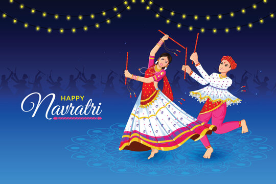 Dancing Dandiya couple at Navratri, Happy Durga Puja and Dussehra