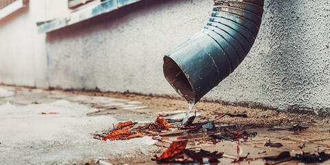 Steel drainpipe mounted on concrete wall and rain water fallen on sidewalk covered with slush and...