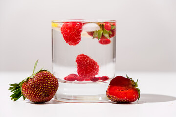 Summer cocktail with strawberries, raspberries and ice on a white background, side view.