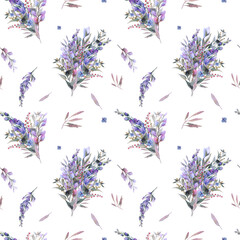 Watercolor seamless pattern with field flowers, fern and eucalyptus leaves. Hand painted repeating background with floral elements, branches and leaves. Garden style texture