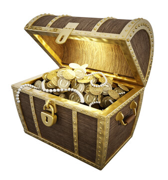 Treasure Chest Full Of Treasures On Transparent Background.