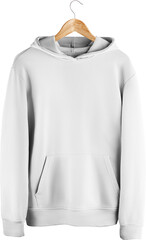 White hoodie mockup with a pocket on a hanger, png, fashionable universal clothing, isolated.