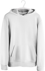 White hoodie mockup with a pocket on a hanger, png, fashionable universal clothing, isolated.