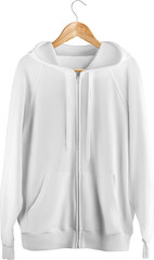 White hoodie mockup with pocket, zipper closure, laces, on a hanger, png, fashionable clothes, isolated.