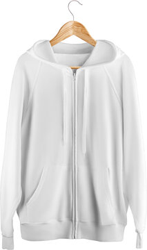 White Hoodie Mockup With Pocket, Zipper Closure, Laces, On A Hanger, Png, Fashionable Clothes, Isolated.