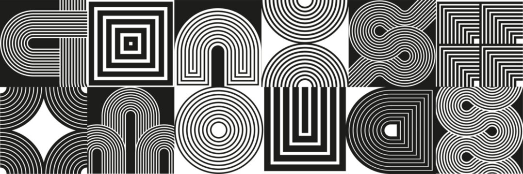Composition with line art geometric forms and black, white blocks. Optic illusion. Endless knot, arc, waves, circles.
