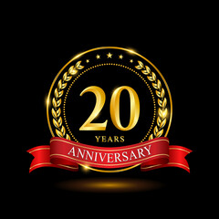 20 Years Anniversary template design, with shiny ring and red ribbon, laurel wreath isolated on black background, logo vector