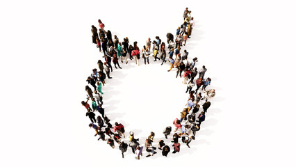 Concept or conceptual large gathering  of people forming an taurus  zodiac sign on white background. A 3d illustration symbol for  esoteric, the mystic, the power of prediction of astrology