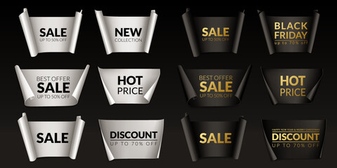 Set of sale labels, black friday labels, stickers, banners, isolated on a black background.