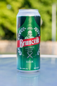 Novy Jicin, Czech Republic - May 30, 2022: Can of Bruncvik premium lager beer.