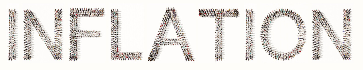 Concept or conceptual large community of people forming the word INFLATION. 3d illustration metaphor for prices increase, currency value drop, lower purchasing power and real income, economic crisis