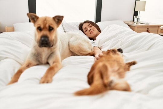Young hispanic woman sleeping lying on bed with dogs at bedroom
