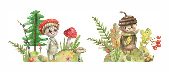 Cartoon cute boy fly agaric and acorn, forest herbs, flowers, mushrooms, trees, leaves, Christmas tree drawn in watercolor. Watercolor illustration of a fabulous autumn forest.